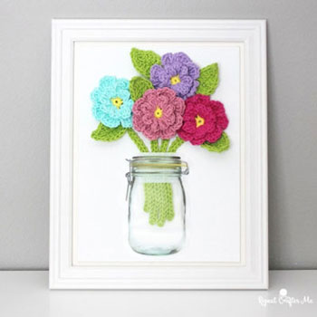 Térbeli horgolt virágok befőttesüvegben (falikép) - kreatív ajándék