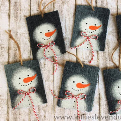 Snowman Christmas gift tags from denim jeans - repurpose