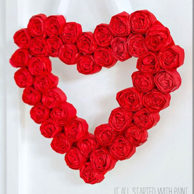 Tissue paper Valentine's day heart wreath with paper roses