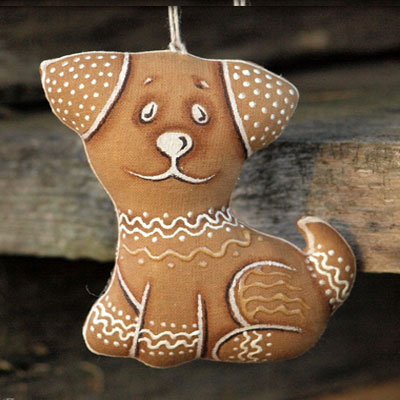 Coffee tinted fabric gingerbread dog Christmas ornament