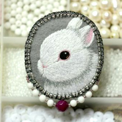DIY Hand embroidered little white bunny brooch