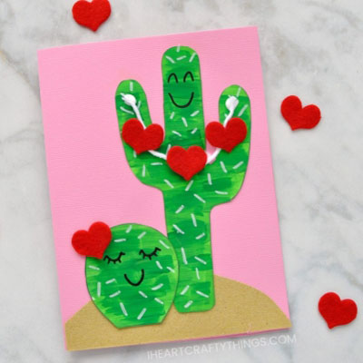 DIY cactus Valentine card with felt hearts - Valentine's day craft for kids